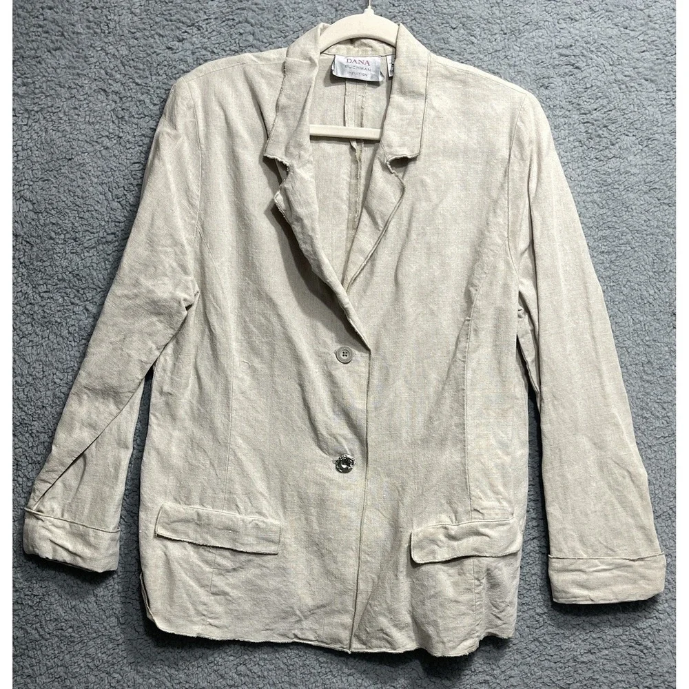 Dana Buchman Linen Blazer‎ Tan XL Button Front Lightweight Jacket